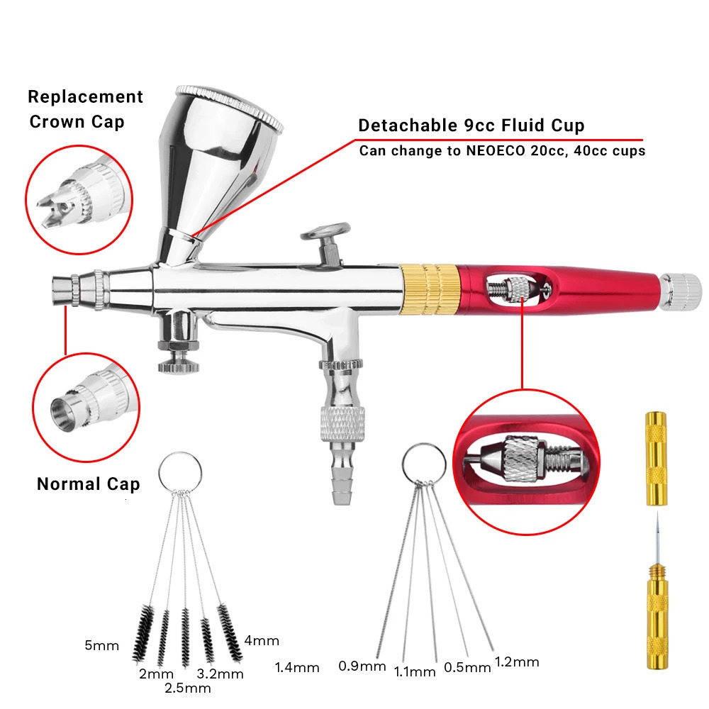 Gravity Dual-action Mini 9cc Airbrush Detachable Fluid Cup Paint Nail Spray Gun Makeup Paint Set Face Tattoo Art DIY Red Gold 240627