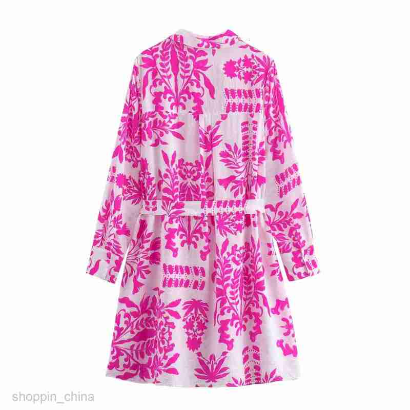 Basic Casual Women Dresses Summer Women's Polo Collar Cardigan Printed Loose Belt Shirt Dress F6487