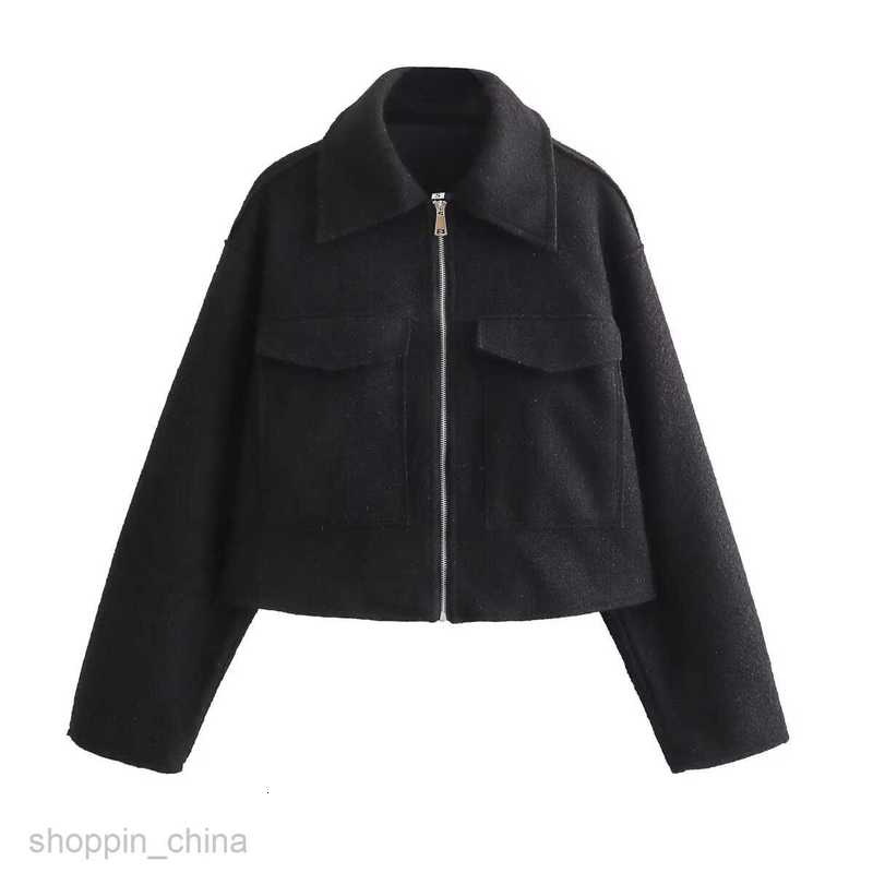 Women Jackets Coats Spring and Autumn New Women's Lapel Large Pocket Zipper Short Long sleeved Woolen Coat B88684