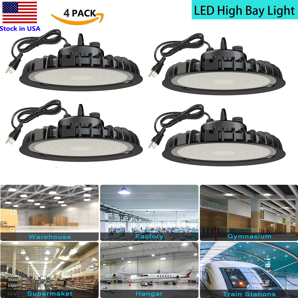 UFO LED High Bay Light 100W 200W 300W US Hook & Cable Industrial lights UFO LED Shop Commercial Warehouse Workshop Lights