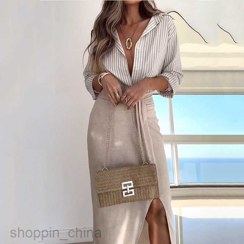 Basic Casual Women Dresses women's summer new long sleeved striped top pleated skirt two-piece set