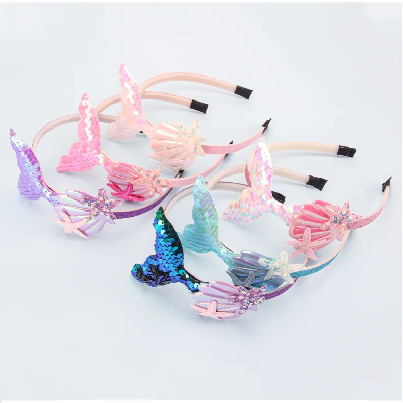 Girls Hairbands Mermaid Headwear Color Sequin Shells Shiny Princess Sweet Childrens Hair Accessories Po Prop Party Headbands 240625