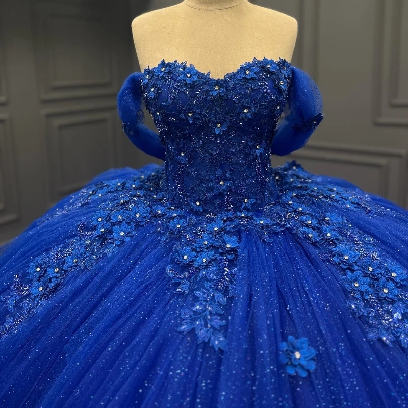 Blue Lace Appliques Quinceanera Dresses Ball Gown Birthday Gowns Off The Shoulder Beads Tull Corset Sweet 16 Dresses vestidos de