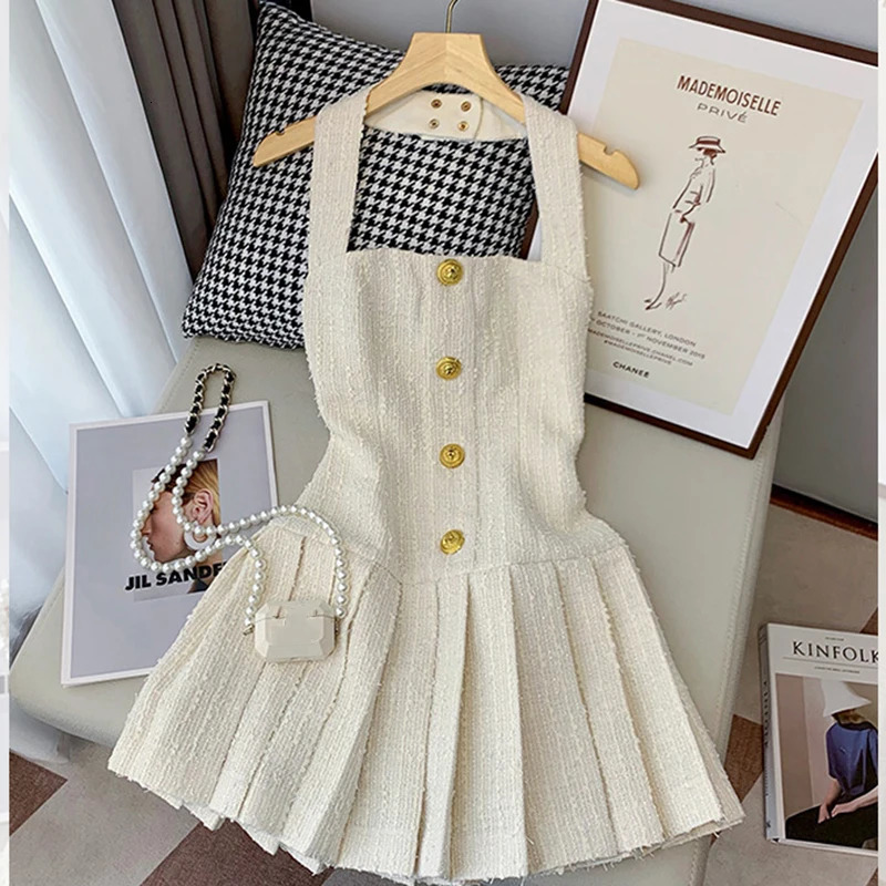 Korean Sweet Tweed Small Fragrance Tweed Dresses For Women Fashion Summer Dress sweet Sexy Party Dress 240625