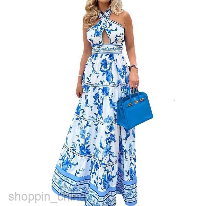 Basic Casual Women Dresses Women's New Summer Leisure Vacation Hanging Neck Printed Hollow Dress