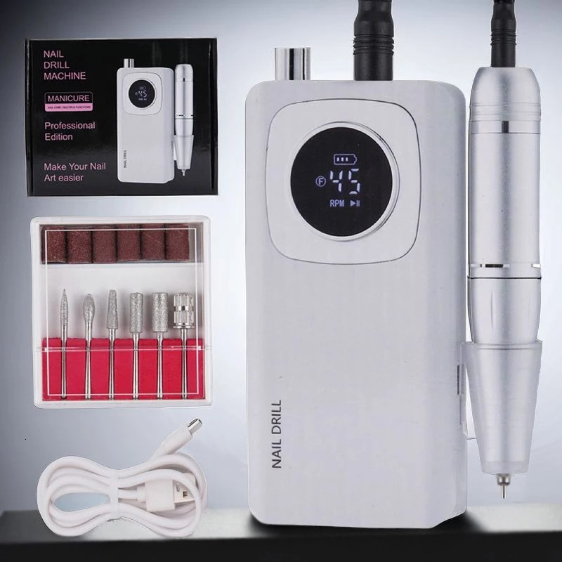 High Speed 45000RPM Rechargeable Nail Drill Machine with LCD Low Noise Professional Nail Polish Sander Nails Accessories Set 240627