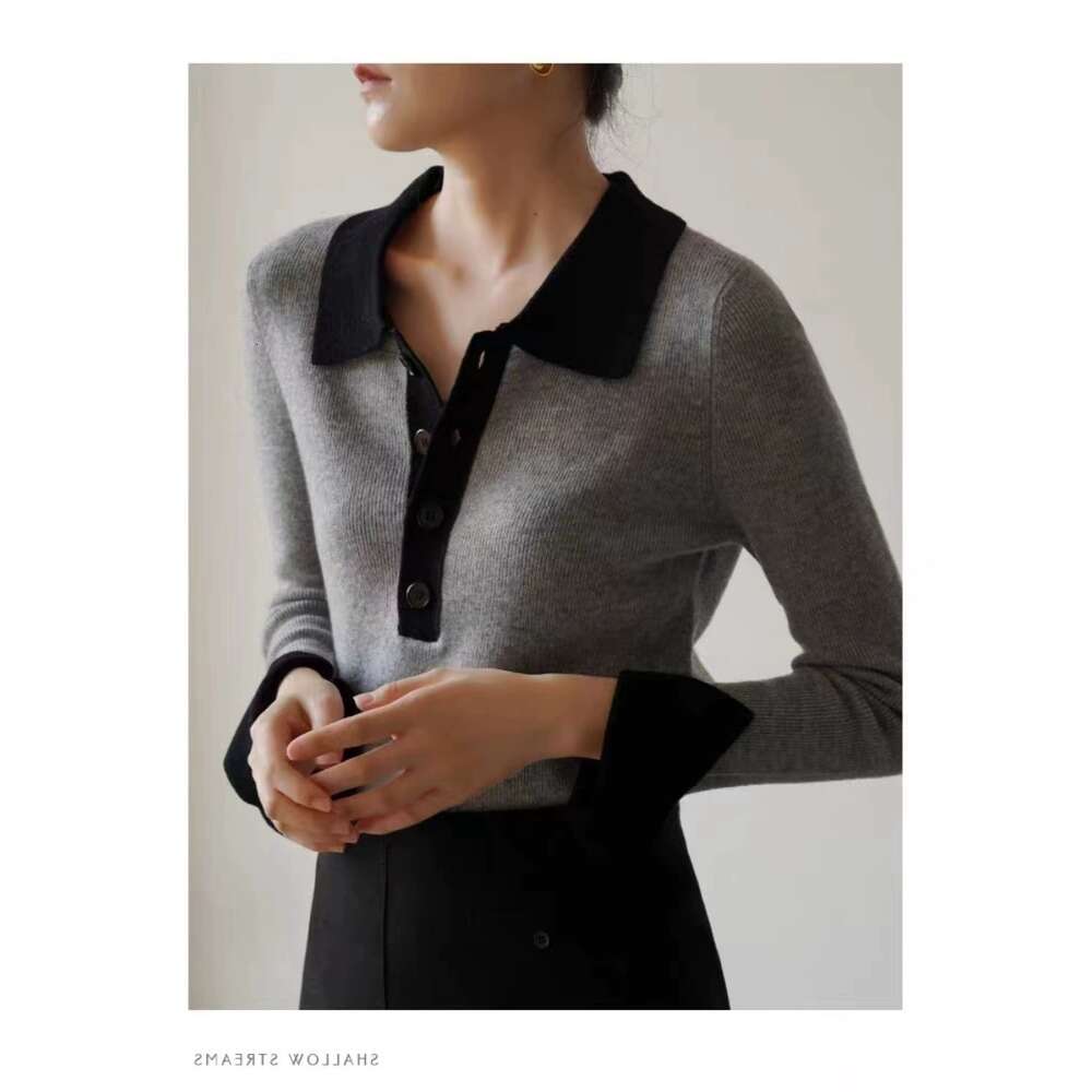 Temperament slim cashmere women's POLO collar top fall new gray lapel knit bottom color sweaterF6.28#42.8
