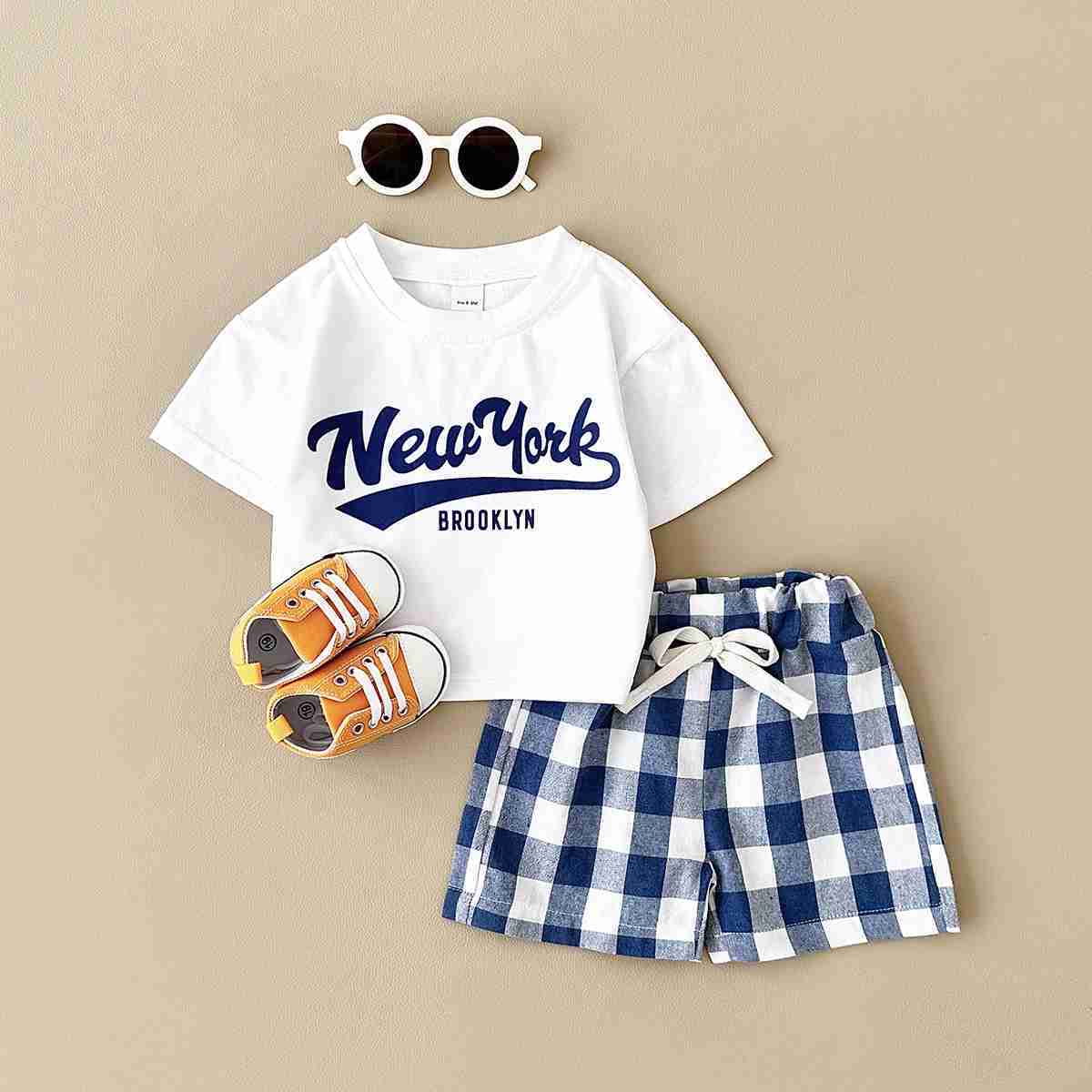 Pajamas 2024 New Baby Boys Clothing 2-piece Infant and Toddler Set New York T-shirt+Checkered Shorts Newborn Baby Girls Clothing 0-3Y WX5.31