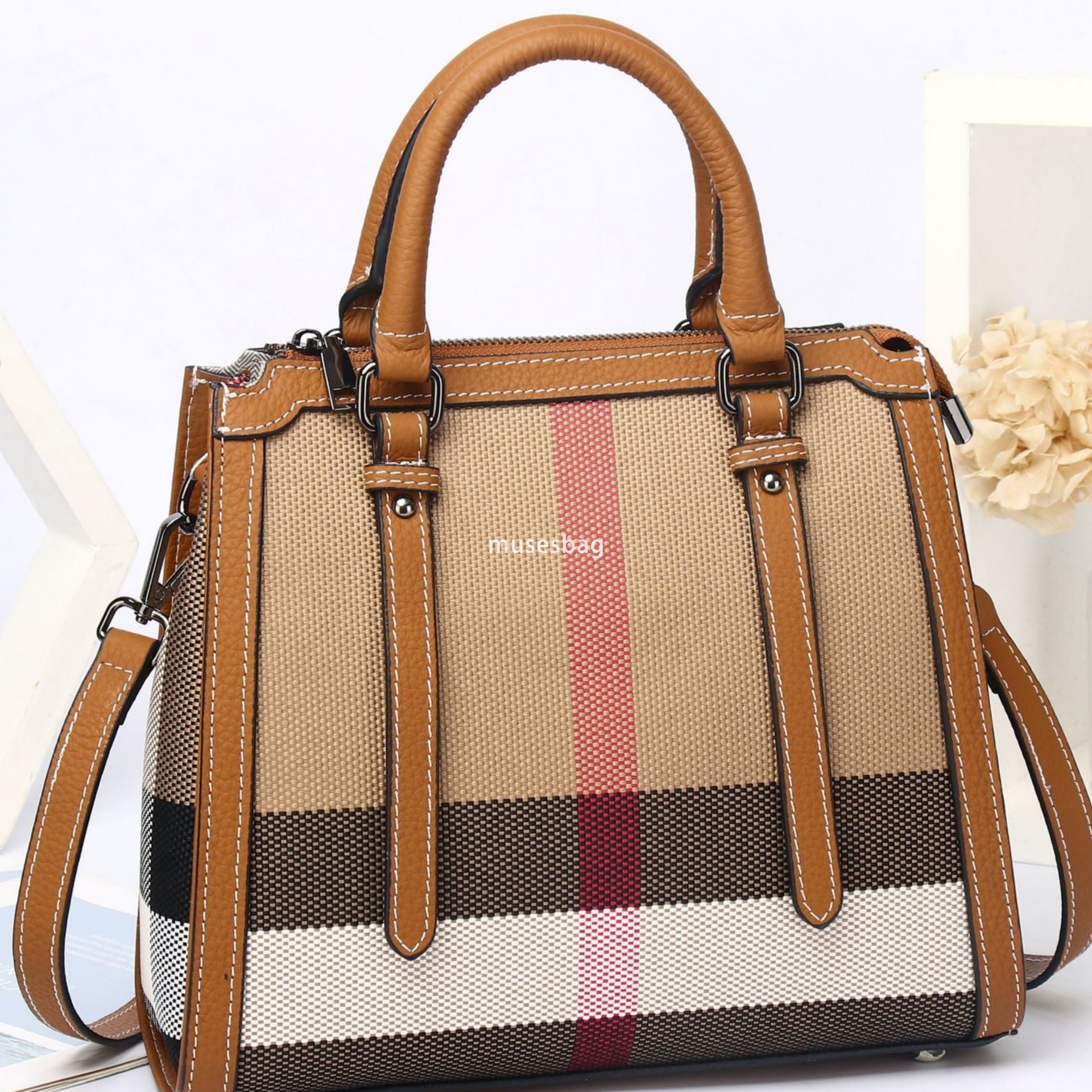 A niche design trend fashionable and casual leather women new high-end plaid canvas tote handbag large capacity crossbody bag 8c6d