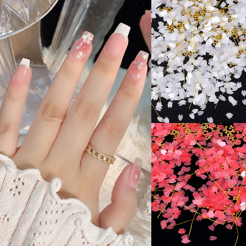 1Bag Cherry Flower Petals Nail Sequins Irregular Glass Paper Heart Floral Leaves Mixed Nail Art 3D Flakes Manicure Decorations