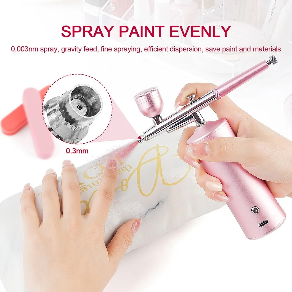 Top 0.m Pink Mini Air Compressor Kit Air-Brush Paint Spray Gun Airbrush For Nail Art Tattoo Craft Cake Nano Fog Mist Sprayer 240627
