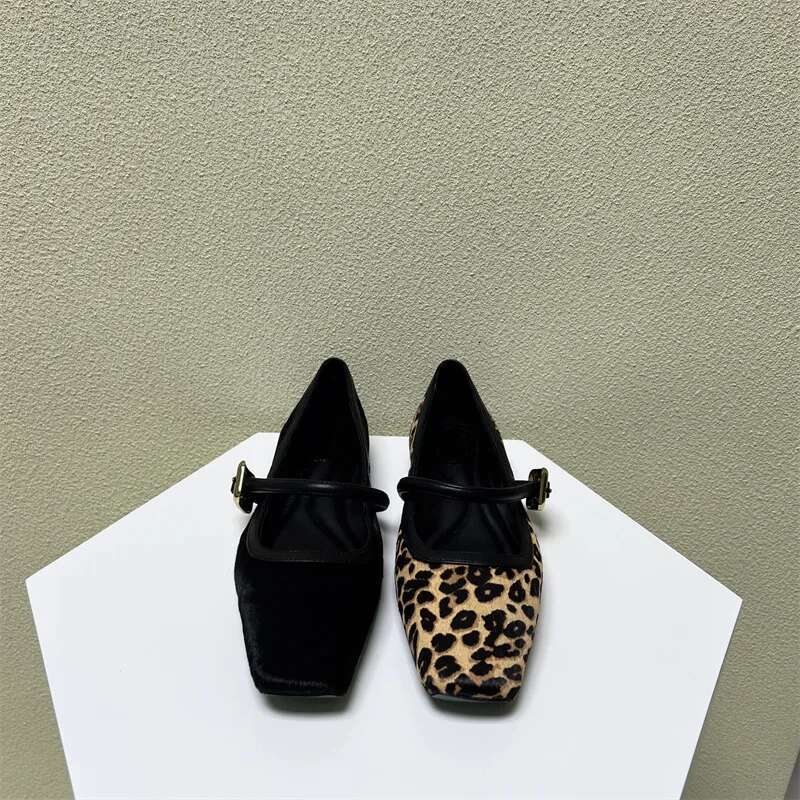 2023 New Fashion Leopard Print Comfortable Soft Square Head Flat For Mary Jane Ballet Flats Women Shoes Kq3