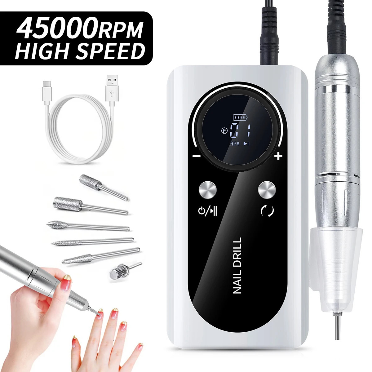 2024 Original 45000RPM Rechargeable Nail Drill Machine with LCD Low Noise Professional Nail Polish Sander Nails Accessories Set 240627
