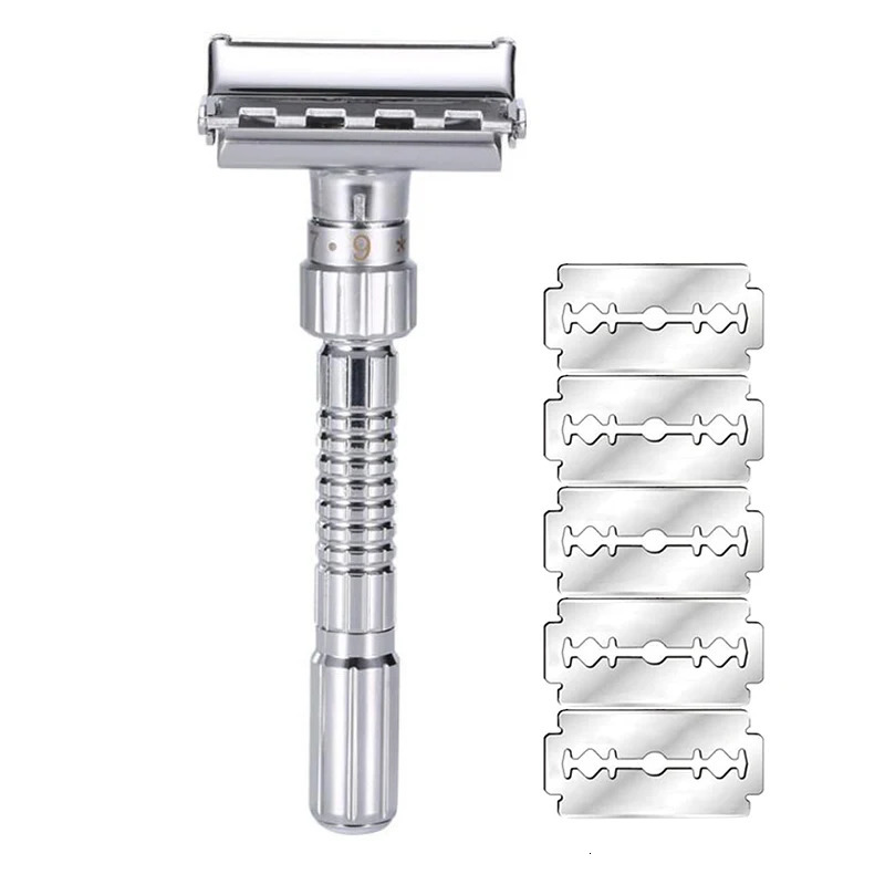 Adjustable Double Edge Shaving Safety Razor Shaver Blades Zinc Alloy Chrome Razors With 5 Blades 240627