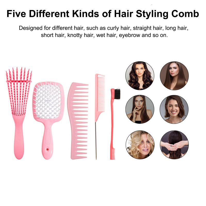 5 pcs/Set Detangling Set Scalp Massage Dual Edge Brush Styling Comb for Curly/Straight/Wet/Dry/Long/Short Hair F628-15