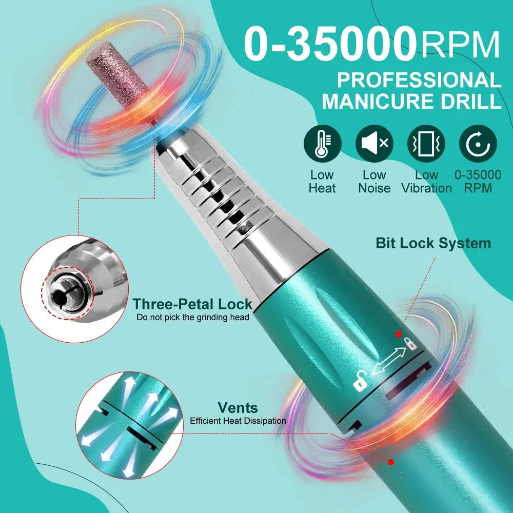 Professional 35000RPM Portable Electric Nail Drill Machine Display Nails Sander For Acrylic Gel Polish Rechargeable Nail Tool 240627