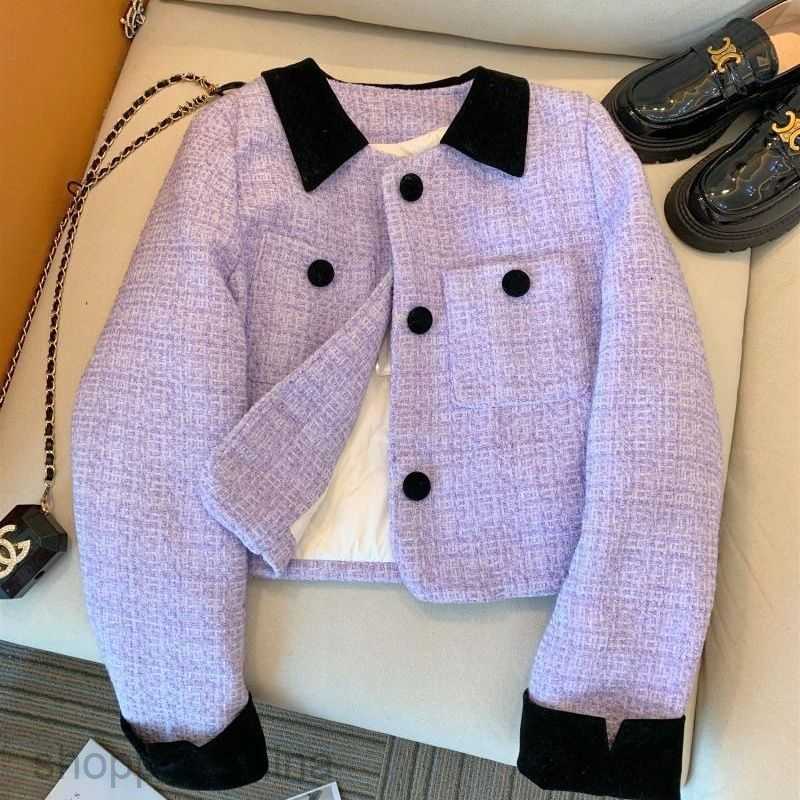 Women Jackets Coats Purple Fragrant Coat for Women's Spring New Celebrity New Rough Tweed Polo Neck Temperament Short Top