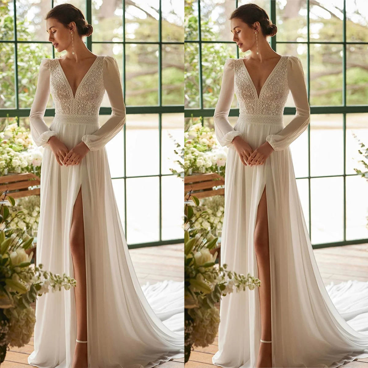 Bohemian A Line Wedding Dresses V Neck Long Sleeve Chiffon Wedding Gowns Lace Appliques Brides Dresses Robes De
