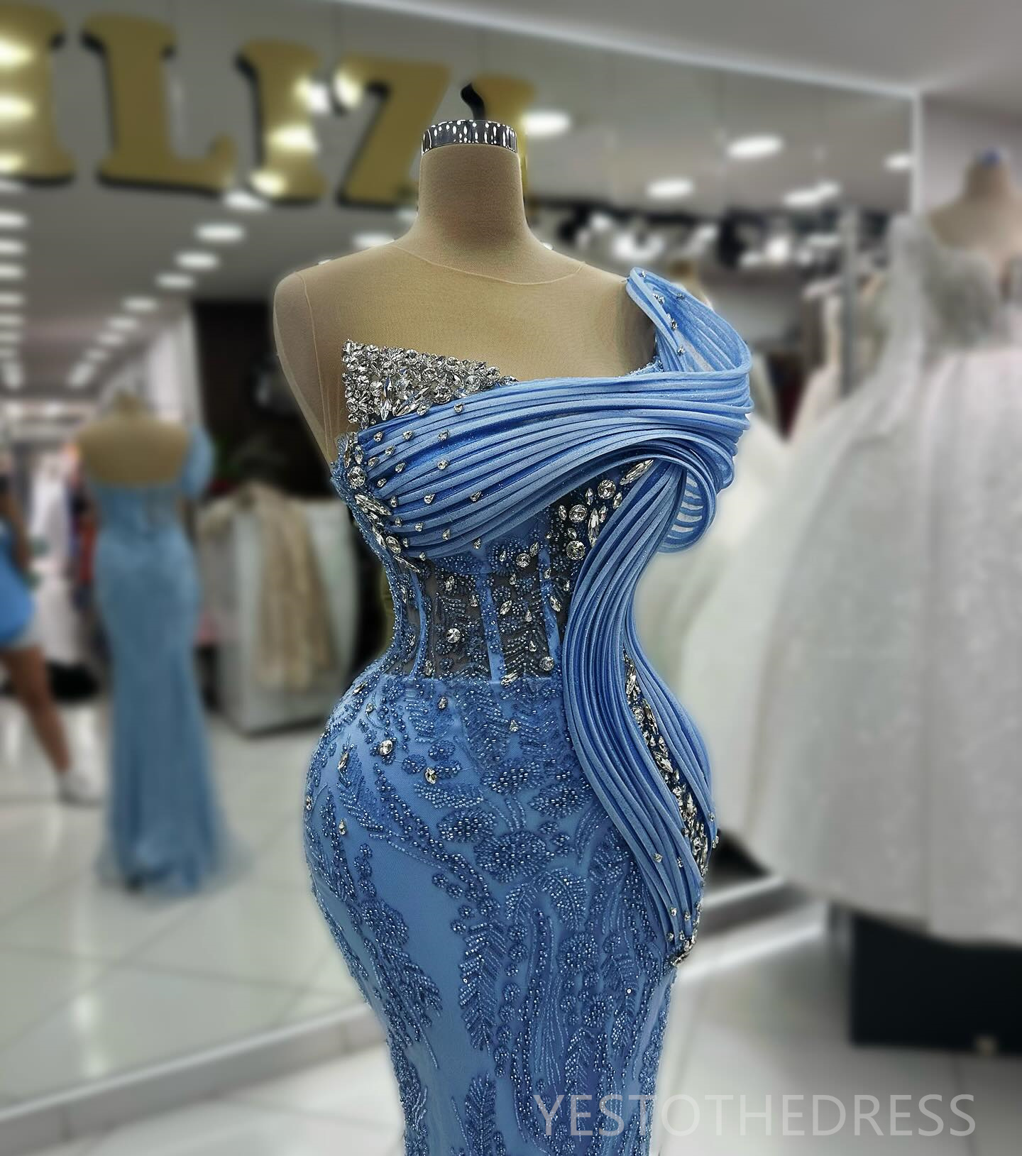 2024 Blue Mermaid Prom Dress Illusion Promdress Evening Formal Gowns for Special Occasion Beaded Rhinestones Lace Birthday Dress Second Reception Gown