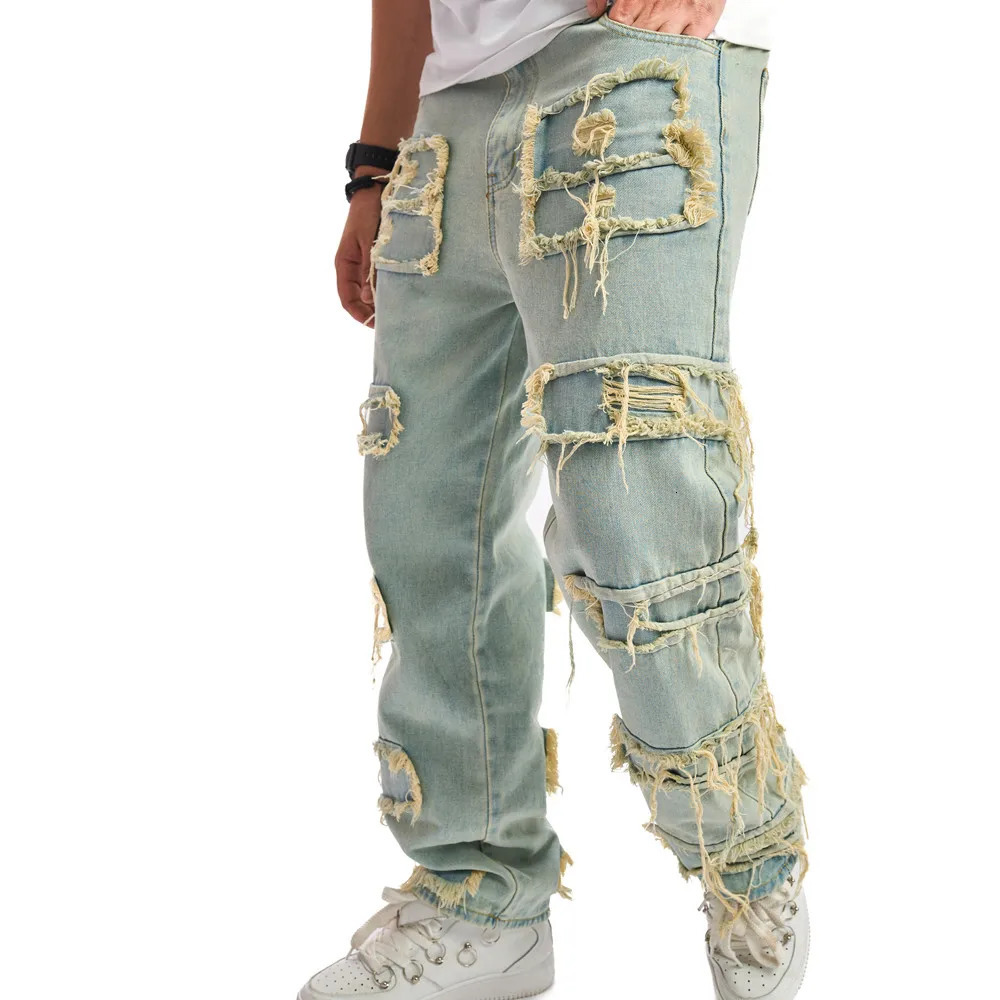 Retro Style Men Ripped Patch Splicing Motorcycle Loose Jeans Pants Male Solid Stylish Casual Straight Biker Denim Trousers 240619