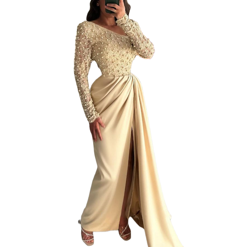 Cream One Shoulder Sheath Prom Dresses Side Split Pearls Beaded Lace Long Sleeves Evening Formal Dress For Women 2024 Floor Length Special Occasion Go