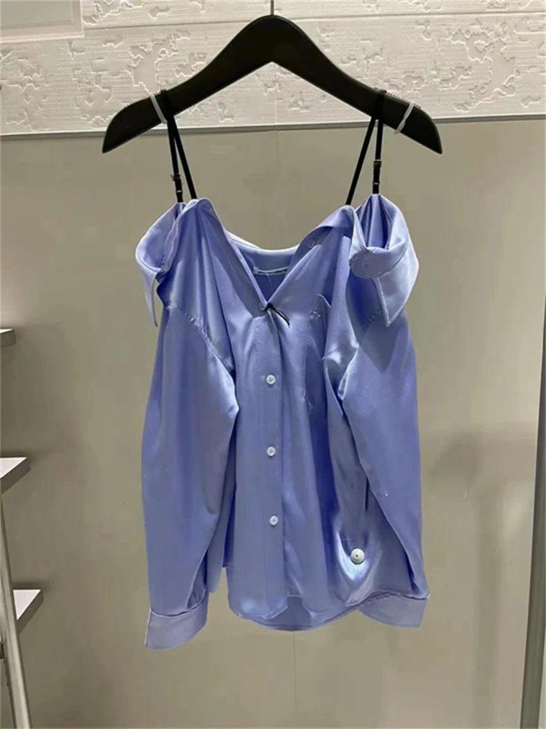 Womens T Shirts Fashion Classic Cloth Sexy Suspender Shirt 2024 Single Breasted Long Sleeved Top