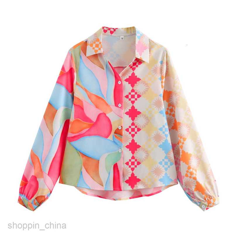 Women Two Piece Sets Pants Summer Women's Polo Collar Print Contrast Loose Long sleeved Shirt and Pants Set