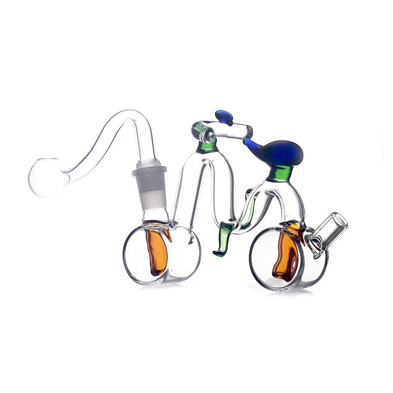 Hookah Bubbler Smoking Water Pipe Pocket Small Bicycle Shape 10mm Glass Oil Burner Bong Double Perc Recycler Ashcatcher with Glass Oil Burner Pipe