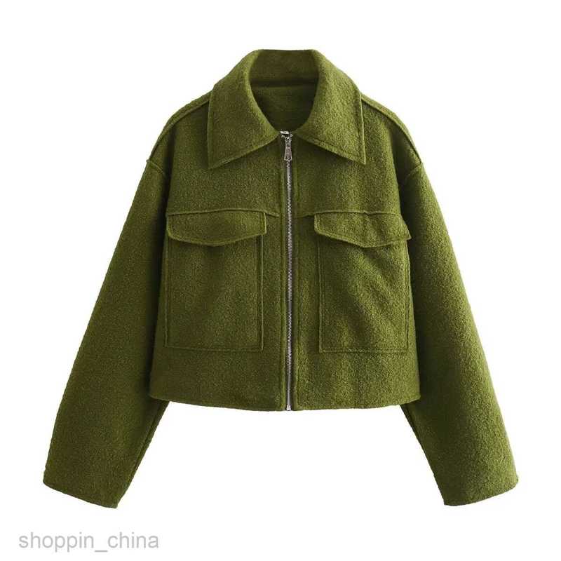 Women Jackets Coats Spring and Autumn New Women's Lapel Large Pocket Zipper Short Long sleeved Woolen Coat B88684