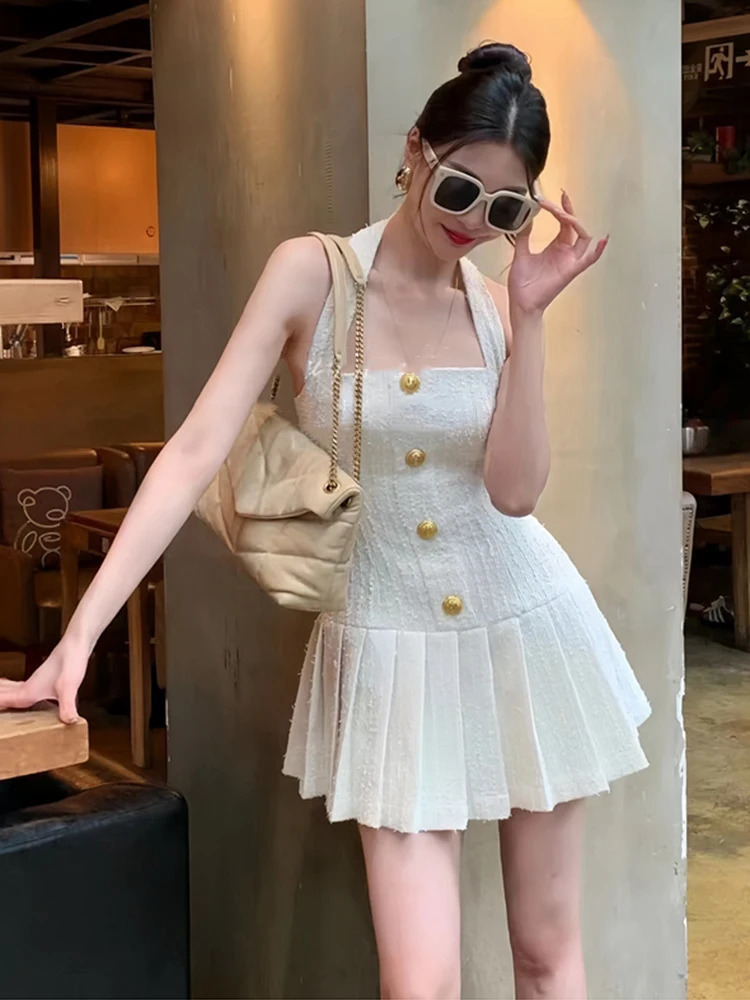 Korean Sweet Tweed Small Fragrance Tweed Dresses For Women Fashion Summer Dress sweet Sexy Party Dress 240625