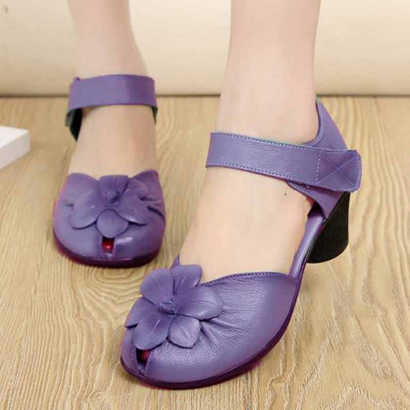 Sandales Femme Purple Luxury Leather Sandals Women Nice Elegant Shoes Woman Floral Heeled Sandals Ladies Block Heel Summer Shoes