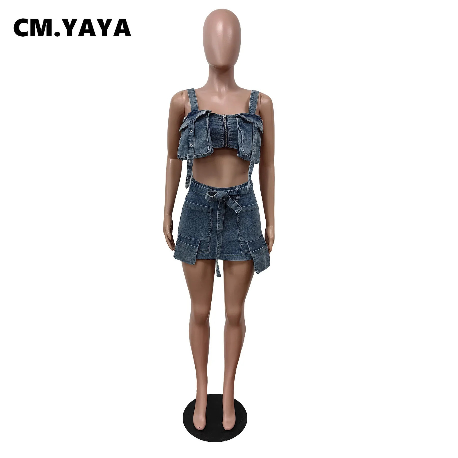 CMYAYA Fashion Denim Womens Set Pocket Front Strap Crop Top and Bodycon Midi Skirts Cargo Street Two 2 Piece Sets Outfits 240627