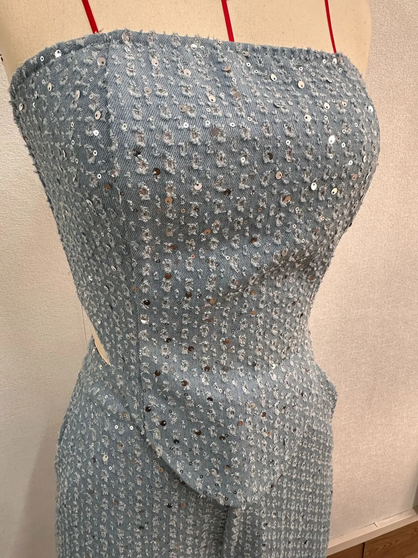 Fashion Sequins Denim Set Women Strapless Tunic Waist Crop Top and Wide Leg Pant Suit 2 Piece Sets Outfits Tracksuit 240618