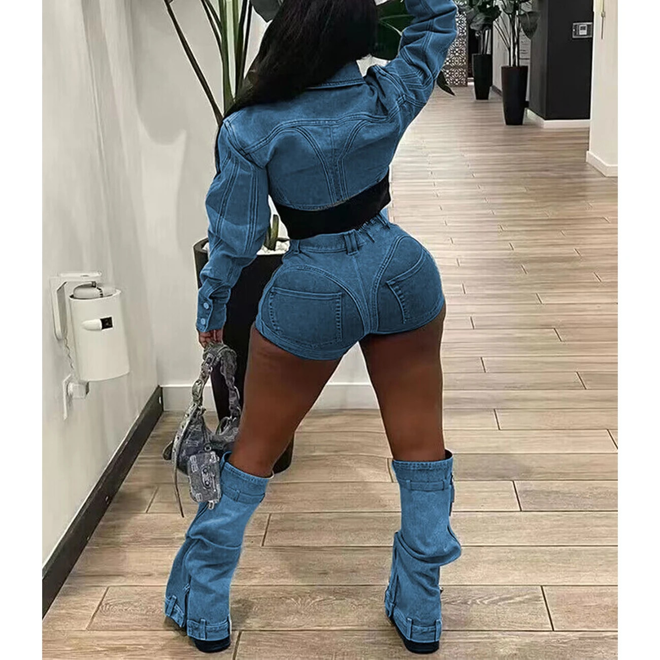 Sexy Denim Jean 2 Piece Matching Pant Set Outfits Summer Women Clothes Y2K Biker Shorts Suits Sets Cropped Tops Tracksuit 240627