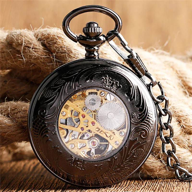 Steampunk Hollow Out Flower Case Men Women Handwinding Mechanical Pocket Watch Roman Number FOB Pendant Chain Relgio de bolso 240626