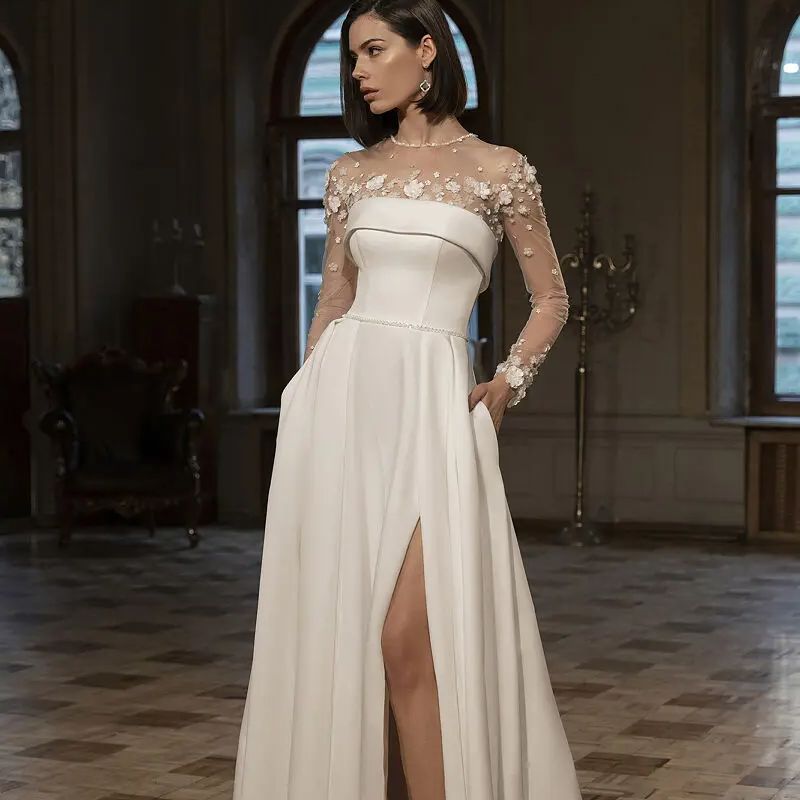 A Line Chic Dresses 3D Flower Beaded Side Split Bridal Gown Jewel Neck Long Sleeve Satin Garden Wedding Gowns s