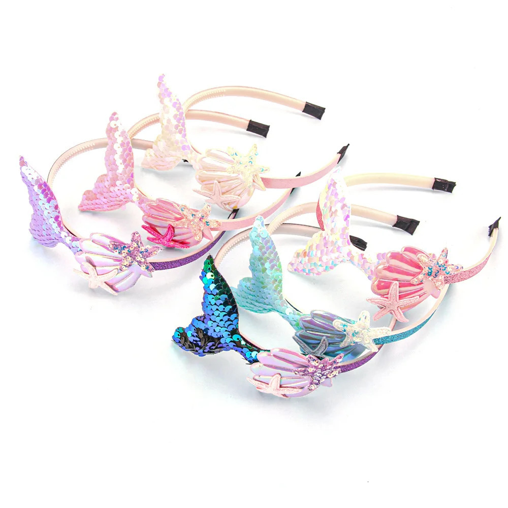 Girls Hairbands Mermaid Headwear Color Sequin Shells Shiny Princess Sweet Childrens Hair Accessories Po Prop Party Headbands 240625
