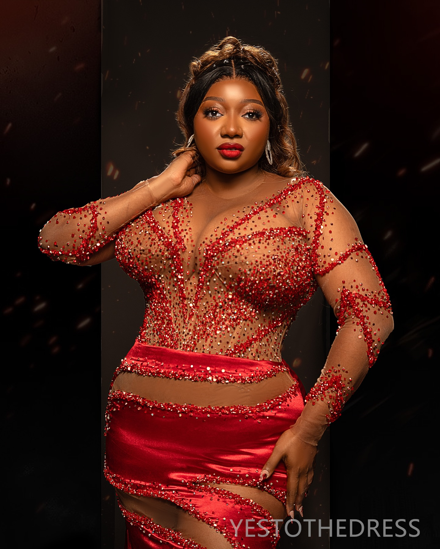 R&W 2024 Plus Size Red Prom Dresses for Special Ocns Mermaid Promdress Long Sleeves Sheer Neck Beaded Birthday Dress Engagement Second Reception Gowns