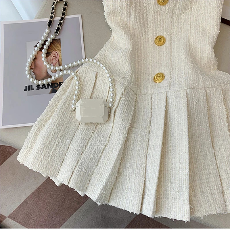 Korean Sweet Tweed Small Fragrance Tweed Dresses For Women Fashion Summer Dress sweet Sexy Party Dress 240625