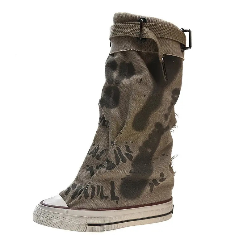 Graffiti High Top Canvas Shoes Womens Spring Boots Wide Barrel Mid Barrel Boots 2024 New Trouser Barrel Stacking Boots 240628
