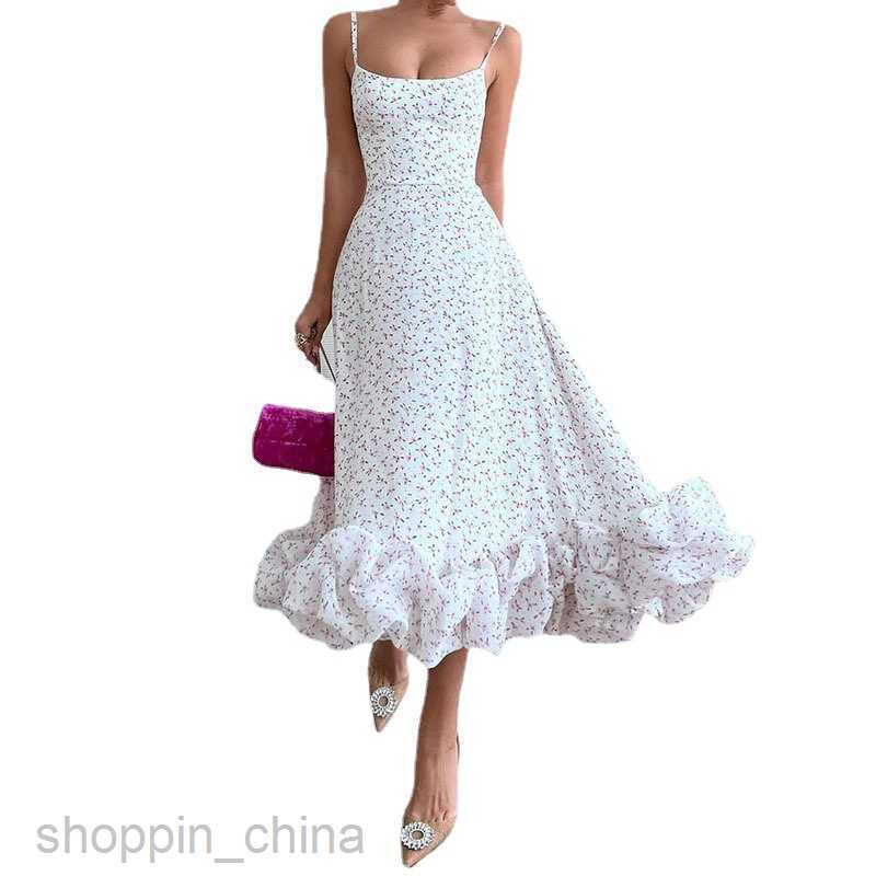 Basic Casual Women Dresses Summer Fashionable New Sling Low Neck Sleeveless Waist Wrap Printed Large Swing Skirt Women's Long Dress