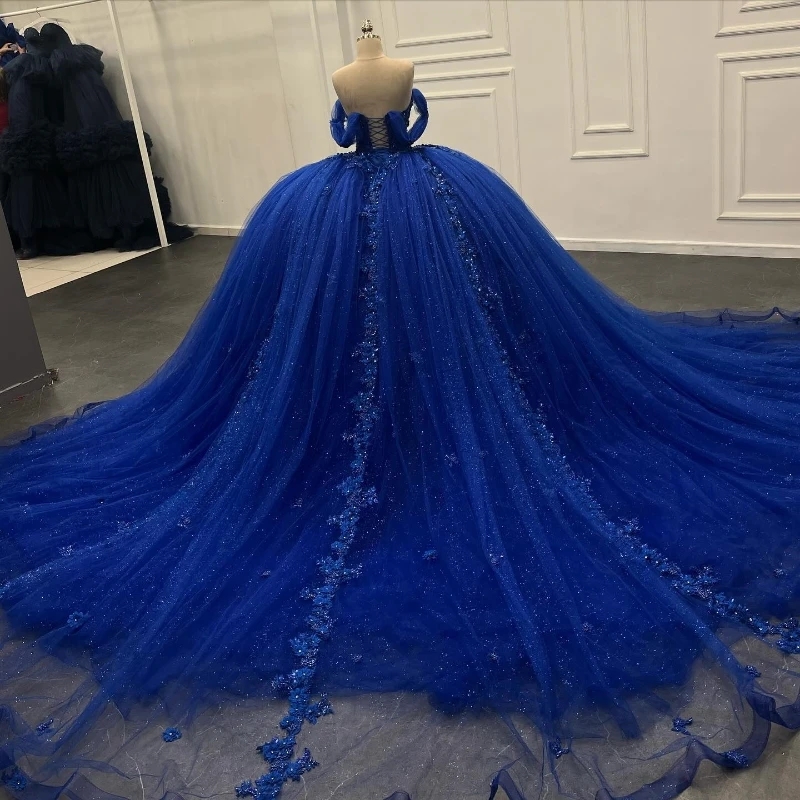 Blue Lace Appliques Quinceanera Dresses Ball Gown Birthday Gowns Off The Shoulder Beads Tull Corset Sweet 16 Dresses vestidos de