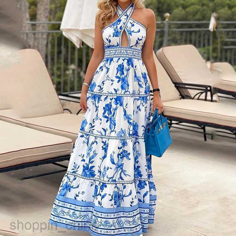 Basic Casual Women Dresses Women's New Summer Leisure Vacation Hanging Neck Printed Hollow Dress