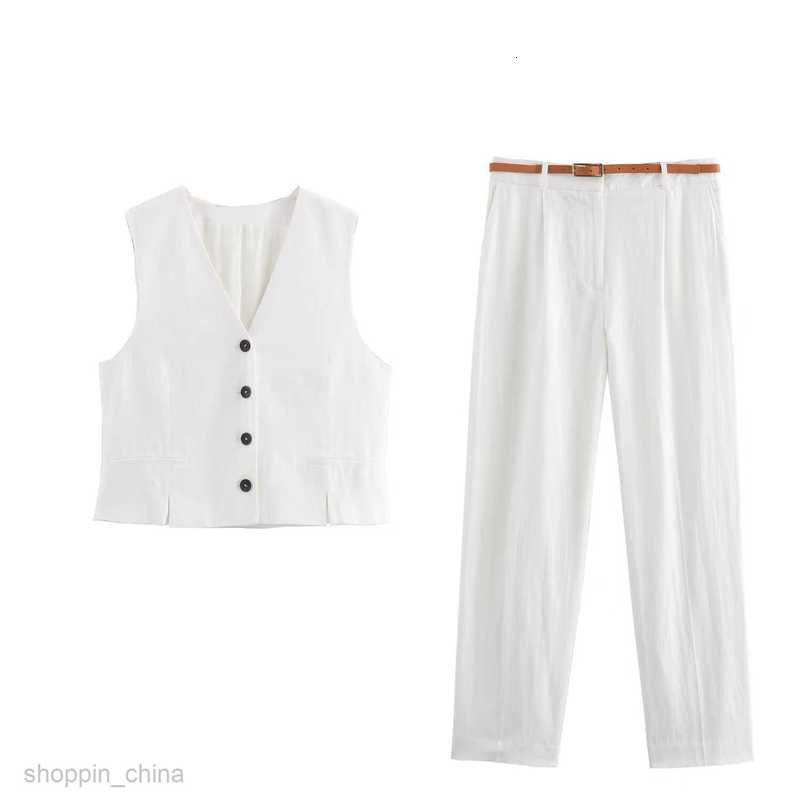 Women's Two Piece Sets Pants Summer New Women's V-neck Slim Fit Vest+Belt and Pants Set F6414