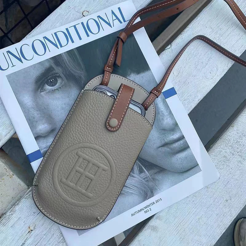 HEMSEM Contrast colors denim leather 2-card slot bag with adjustable shoulder strap 7-inch phone accessories letter handbag 240626