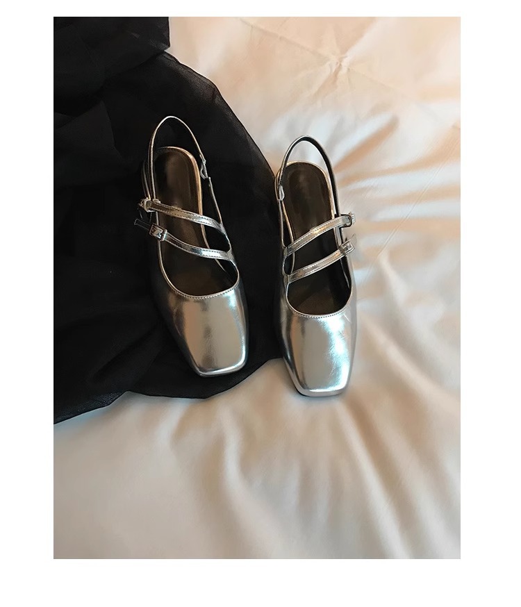 French Low-Heeled Sier Mary Jane Shoes Square Toe Block Heel Sandals Women's Empty Back Sliver