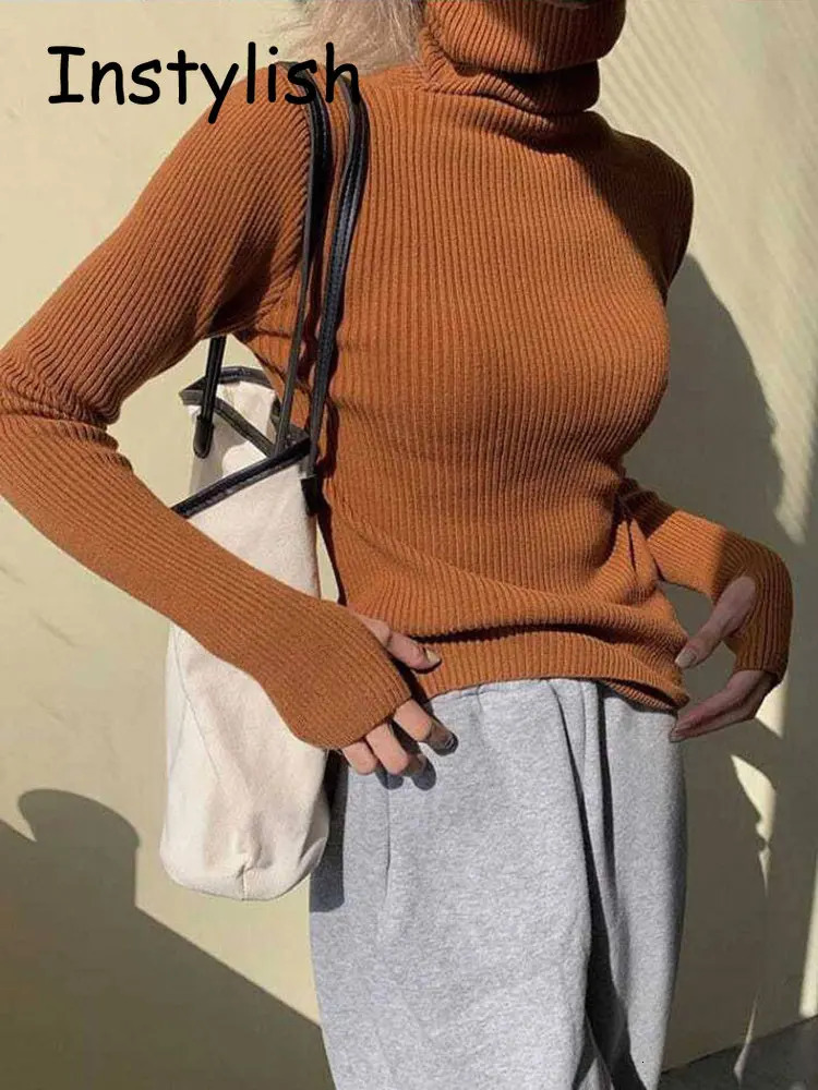 Women Vintage Y2K Turtleneck Sweater Finger Hole Elegant Slim Knitted Pullover Korean Harajuku Jumper Autumn Winter Basic Tops 240627
