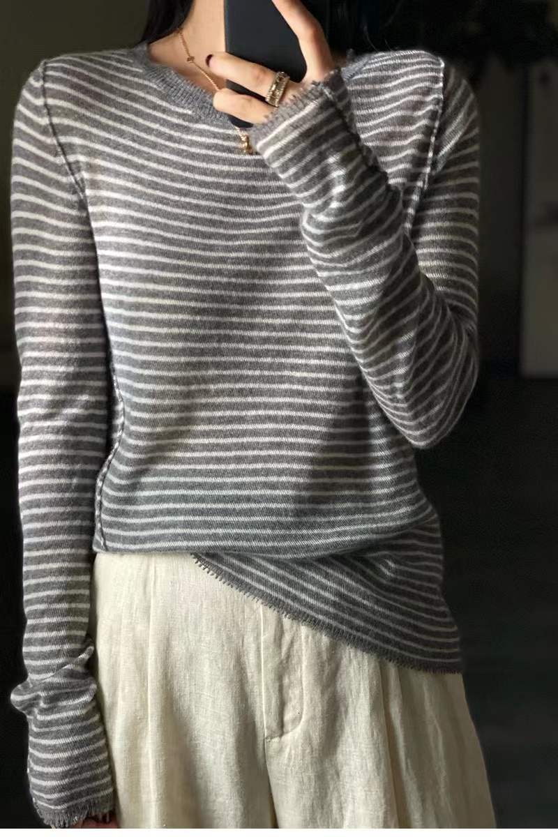 European goods 100% pure wool female spring autumn thin crewneck striped knit cashmere sweaterF6.28#50