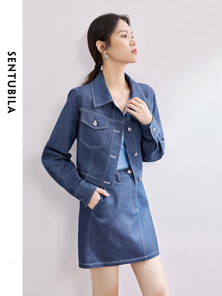 SENTUBILA Hong Kong Style Denim Set Lapel Cropped Jacket Aline Mini Skirt Spring Casual Womens Jean Suit W41Z53840 240627