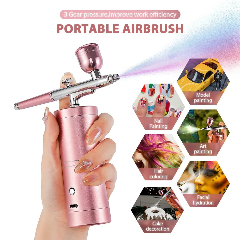 Top 0.m Pink Mini Air Compressor Kit Air-Brush Paint Spray Gun Airbrush For Nail Art Tattoo Craft Cake Nano Fog Mist Sprayer 240627